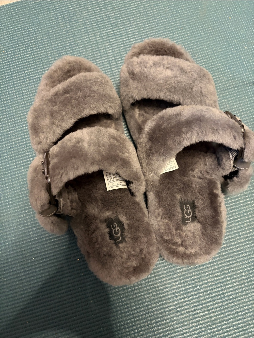 UGG Plush Double-Strap Fluff Slides in Gray